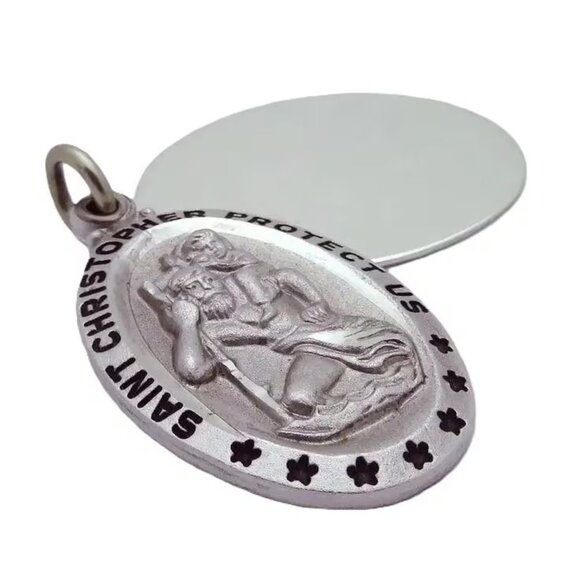 Vintage Saint Christopher Protect Us Sterling Silver Enamel Slide Pendant Charm - Picture 3 of 6